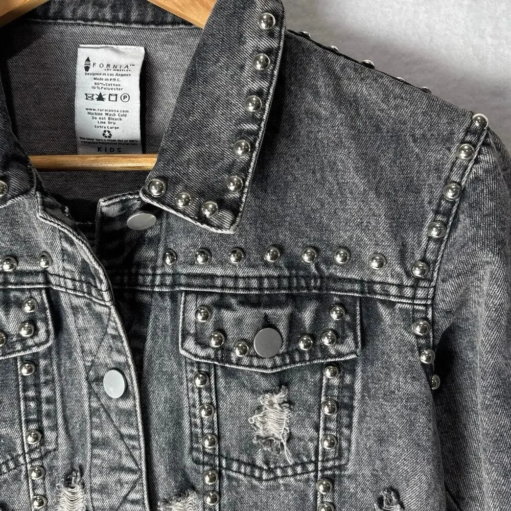 Fornia Girl’s Dark Gray Denim Studded Trucker Jacket Size XLARGE or Adult XSMALL